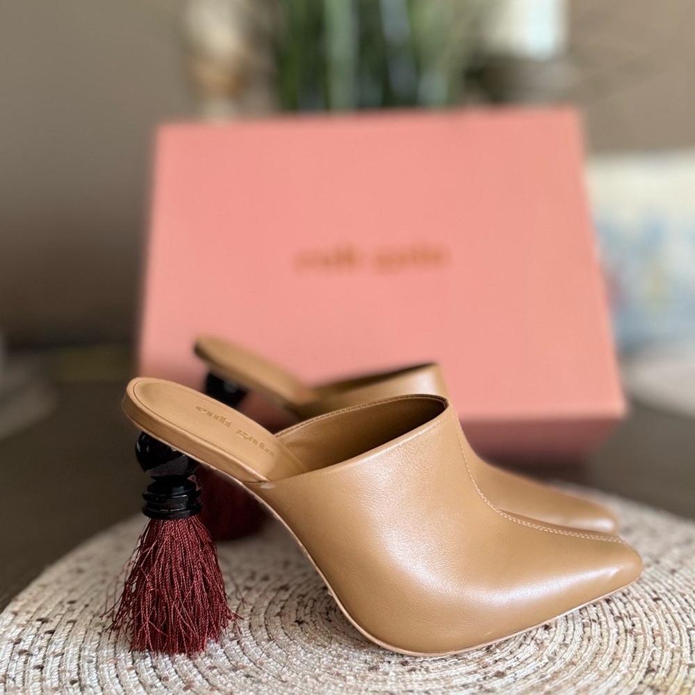 Cult Gaia Tan Mules with Burgundy Tassel